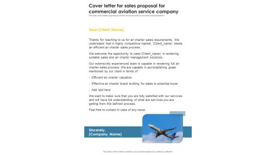 Cover Letter For Sales Proposal For Commercial Aviation Service Company One Pager Sample Example Document