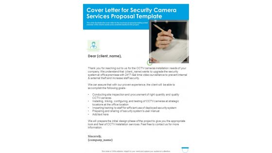 Cover Letter For Security Camera Services Proposal Template One Pager Sample Example Document