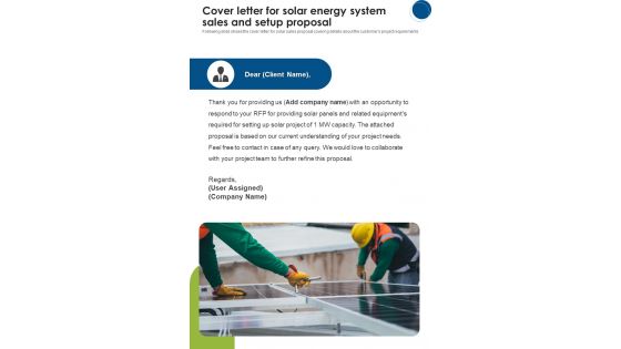 Cover Letter For Solar Energy System Sales And Setup Proposal One Pager Sample Example Document