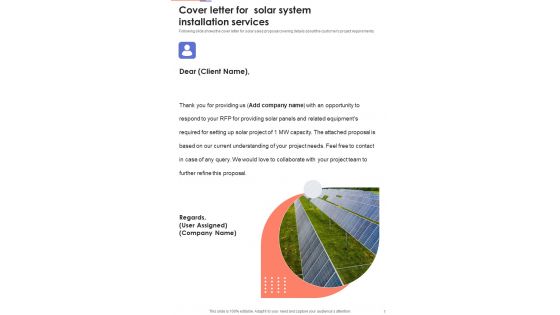 Cover Letter For Solar System Installation Services One Pager Sample Example Document