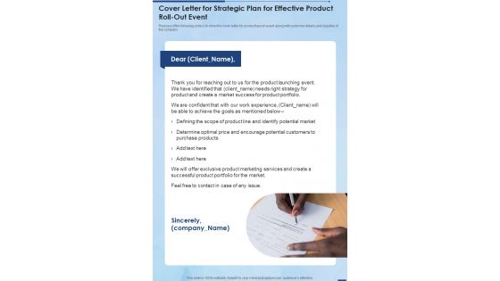 Cover Letter For Strategic Plan For Effective Product Roll Out Event One Pager Sample Example Document