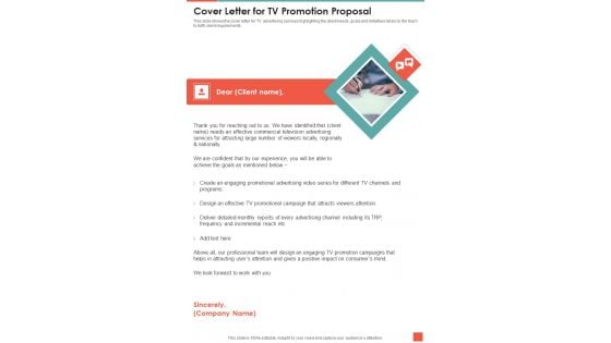 Cover Letter For TV Promotion Proposal One Pager Sample Example Document