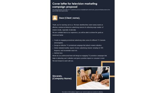 Cover Letter For Television Marketing Campaign Proposal One Pager Sample Example Document