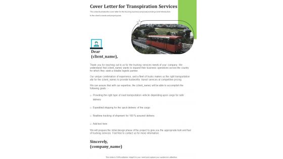 Cover Letter For Transpiration Services One Pager Sample Example Document