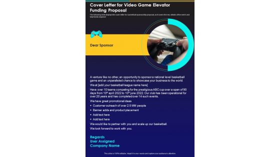 Cover Letter For Video Game Elevator Funding Proposal One Pager Sample Example Document