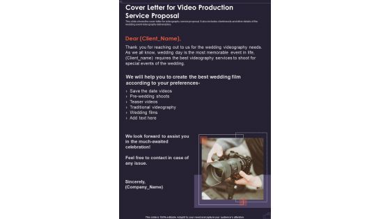 Cover Letter For Video Production Service Proposal One Pager Sample Example Document