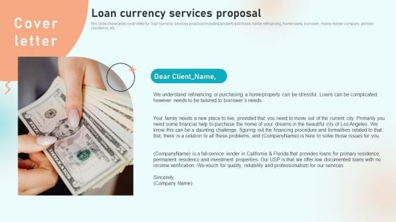 Cover Letter Loan Currency Services Proposal Ppt Model Aids PDF