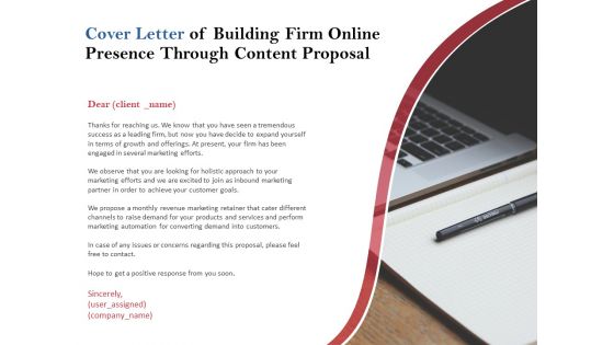 Cover Letter Of Building Firm Online Presence Through Content Proposal Ppt PowerPoint Presentation Icon Graphics Download