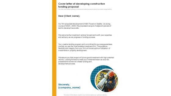 Cover Letter Of Developing Construction Funding Proposal One Pager Sample Example Document