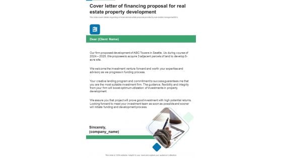 Cover Letter Of Financing Proposal For Real Estate Property Development One Pager Sample Example Document Cover Letter Of Financing Proposal For Real Estate Property Development One Pager Sample Example Document