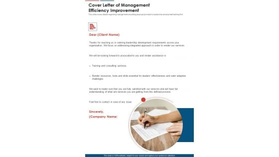 Cover Letter Of Management Efficiency Improvement One Pager Sample Example Document