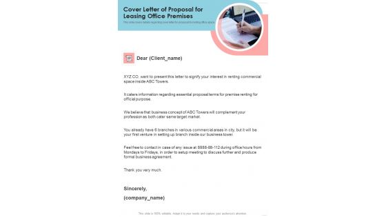 Cover Letter Of Proposal For Leasing Office Premises One Pager Sample Example Document