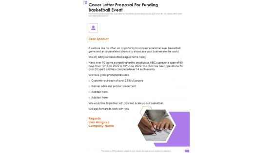 Cover Letter Proposal For Funding Basketball Event One Pager Sample Example Document