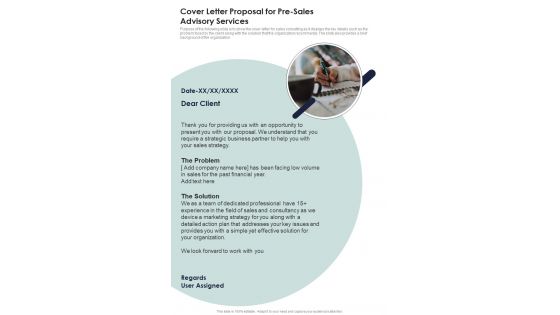 Cover Letter Proposal For Pre Sales Advisory Services One Pager Sample Example Document Cover Letter Proposal For Pre Sales Advisory Services One Pager Sample Example Document