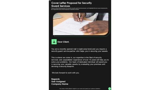 Cover Letter Proposal For Security Guard Services One Pager Sample Example Document