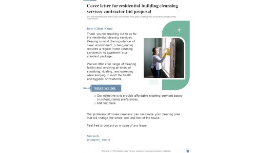 Cover Letter Residential Building Cleansing Services Contractor Bid Proposal One Pager Sample Example Document Cover Letter Residential Building Cleansing Services Contractor Bid Proposal One Pager Sample Example Document