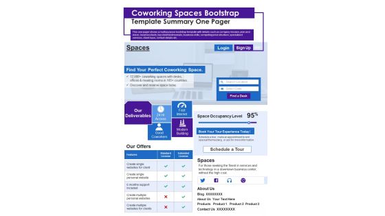 Coworking Spaces Bootstrap Template Summary One Pager PDF Document PPT Template