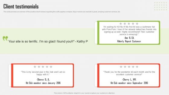 Craft Material Supply Firm Fundraising Pitch Deck Client Testimonials Diagrams PDF Craft Material Supply Firm Fundraising Pitch Deck Client Testimonials Diagrams PDF