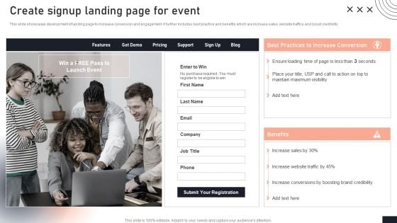 Create Signup Landing Page For Event Stakeholder Engagement Plan For Launch Event Template PDF