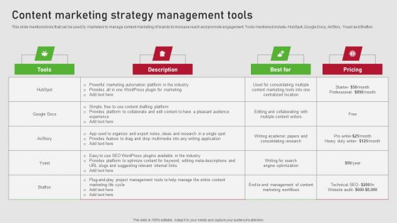 Creating Content Marketing Technique For Brand Promotions Content Marketing Strategy Management Tools Portrait PDF