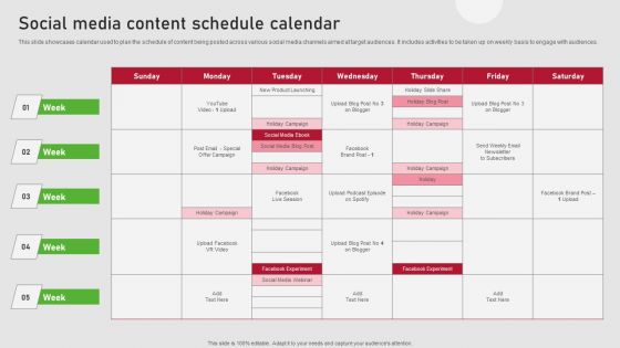 Creating Content Marketing Technique For Brand Promotions Social Media Content Schedule Calendar Pictures PDF