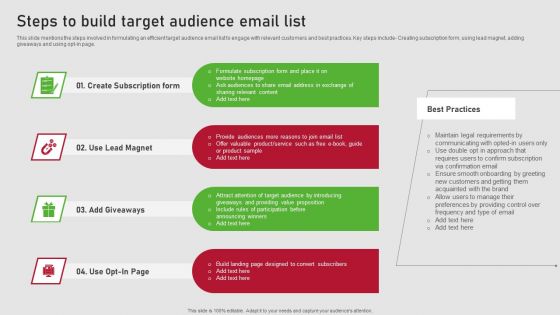 Creating Content Marketing Technique For Brand Promotions Steps To Build Target Audience Email List Formats PDF