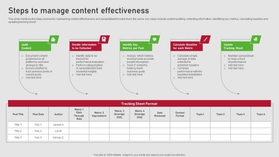 Creating Content Marketing Technique For Brand Promotions Steps To Manage Content Effectiveness Template PDF Creating Content Marketing Technique For Brand Promotions Steps To Manage Content Effectiveness Template PDF