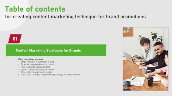 Creating Content Marketing Technique For Brand Promotions Table Of Contents Guidelines PDF