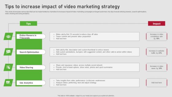 Creating Content Marketing Technique For Brand Promotions Tips To Increase Impact Video Marketing Strategy Clipart PDF