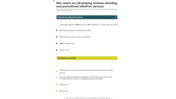 Creating Corporate Branding Marketing Strategies Why Select Our Developing One Pager Sample Example Document Creating Corporate Branding Marketing Strategies Why Select Our Developing One Pager Sample Example Document