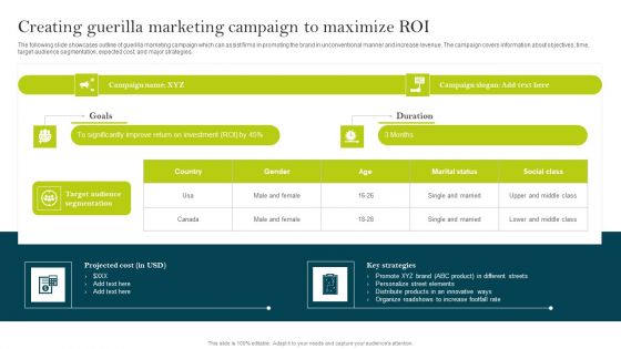 Creating Guerilla Marketing Campaign To Maximize ROI Ppt PowerPoint Presentation File Inspiration PDF