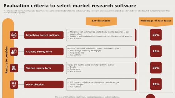Creating Positioning Techniques For Market Research Evaluation Criteria To Select Market Research Infographics PDF