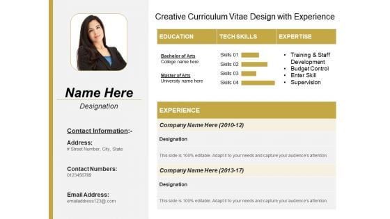 Creative Curriculum Vitae Design With Experience Ppt PowerPoint Presentation Show Template PDF