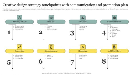 Creative Design Strategy Touchpoints With Communication And Promotion Plan Brochure PDF Creative Design Strategy Touchpoints With Communication And Promotion Plan Brochure PDF