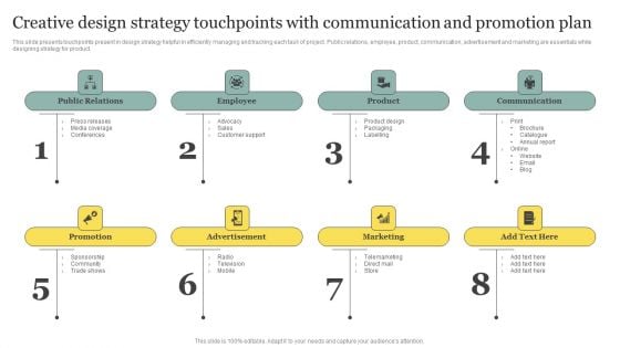 Creative Design Strategy Touchpoints With Communication And Promotion Plan Brochure PDF