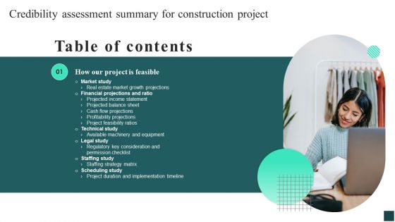 Credibility Assessment Summary For Construction Project Table Of Contents Sample PDF