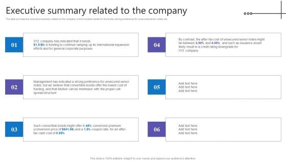 Credit Resources For New Business Executive Summary Related To The Company Infographics PDF