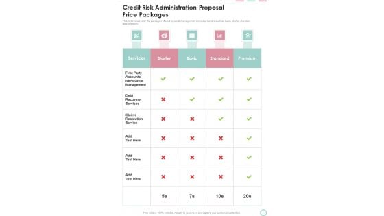 Credit Risk Administration Proposal Price Packages One Pager Sample Example Document Credit Risk Administration Proposal Price Packages One Pager Sample Example Document