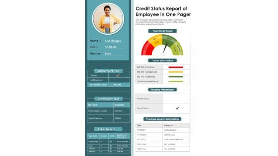 Credit Status Report Of Employee In One Pager PDF Document PPT Template