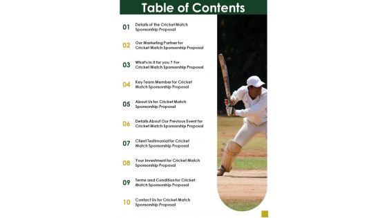 Cricket Match Sponsorship Proposal Table Of Contents One Pager Sample Example Document