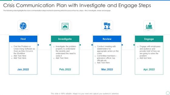 Crisis Communication Plan With Investigate And Engage Steps Portrait PDF Crisis Communication Plan With Investigate And Engage Steps Portrait PDF