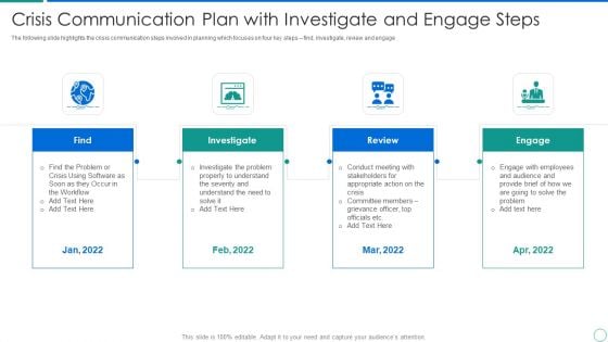 Crisis Communication Plan With Investigate And Engage Steps Portrait PDF