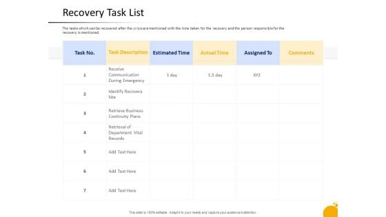 Crisis Management Program Presentation Recovery Task List Ppt Infographics Graphics Pictures PDF