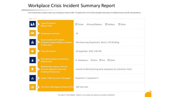 Crisis Management Program Presentation Workplace Crisis Incident Summary Report Demonstration PDF