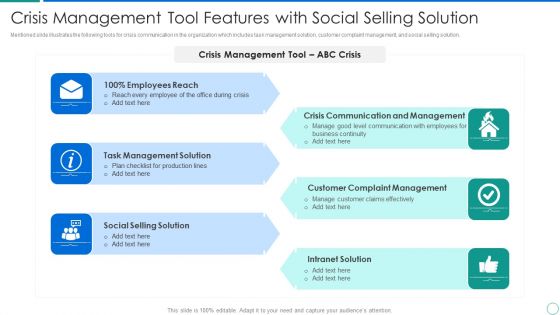 Crisis Management Tool Features With Social Selling Solution Formats PDF