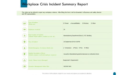 Crisis Management Workplace Crisis Incident Summary Report Ppt Summary Design Inspiration PDF