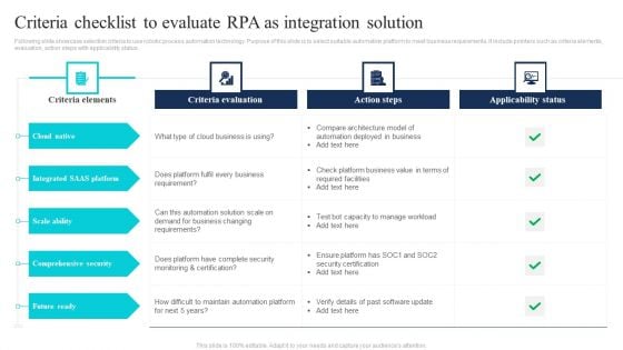 Criteria Checklist To Evaluate RPA As Integration Solution Inspiration PDF