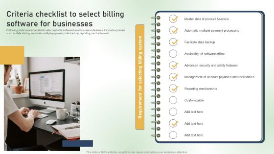 Criteria Checklist To Select Billing Software For Businesses Ppt PowerPoint Presentation Diagram Templates PDF