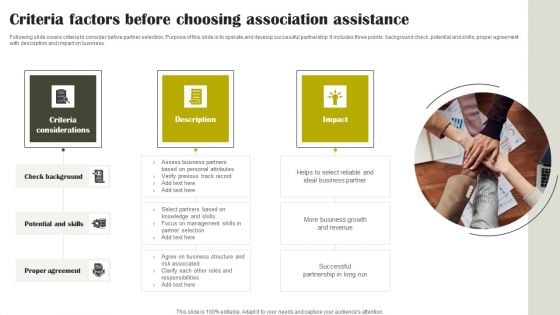 Criteria Factors Before Choosing Association Assistance Infographics PDF