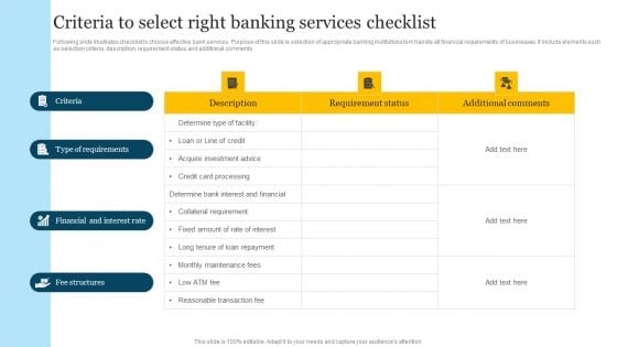 Criteria To Select Right Banking Services Checklist Themes PDF Criteria To Select Right Banking Services Checklist Themes PDF